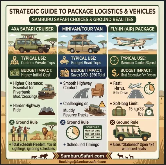 Infographic comparing 4x4 Cruisers, minivans, and fly-in packages for Samburu safaris, including costs and ground rules.