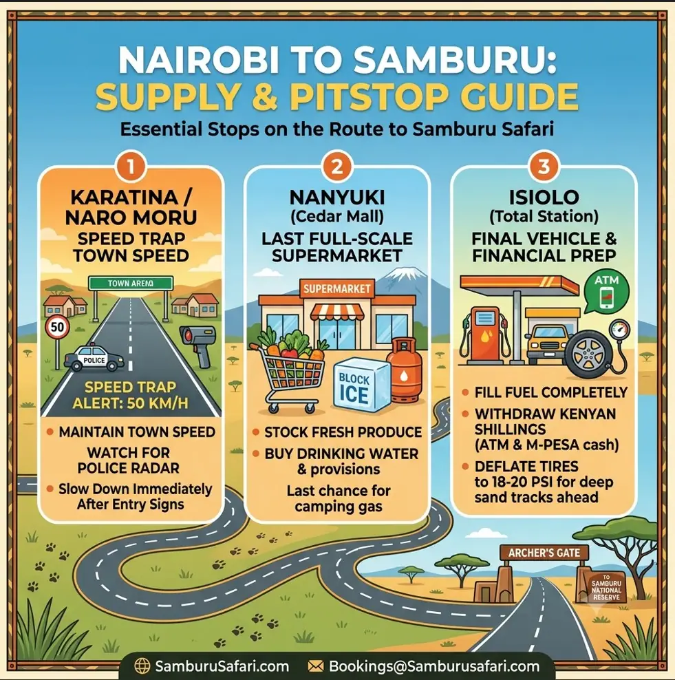 An infographic guide outlining essential stops at Karatina, Nanyuki, and Isiolo for supplies, speed checks, and vehicle preparation when driving from Nairobi to Samburu.