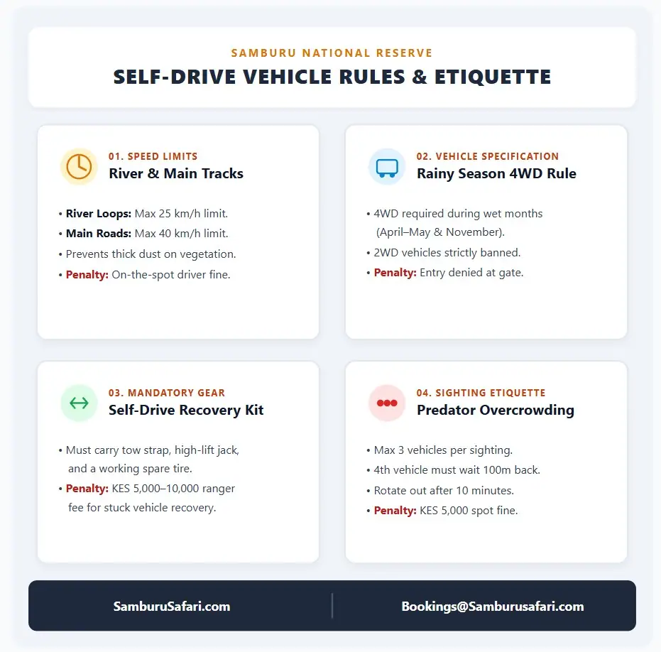 Square infographic detailing Samburu self-drive rules, including speed limits, 4WD mandates, recovery equipment, and predator sighting limits.