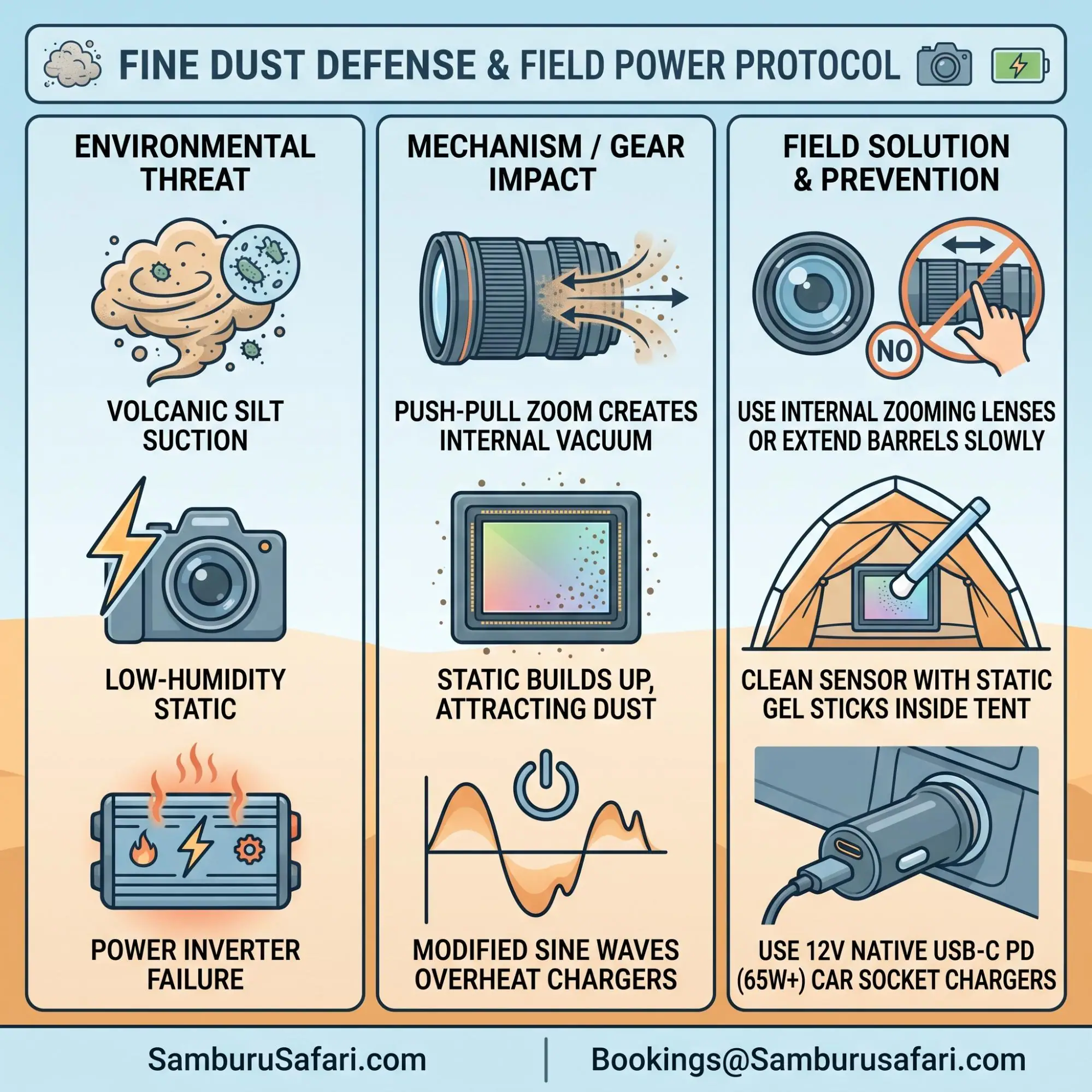 Infographic illustrating threats from volcanic silt and power failure, plus specific solutions for safari photographers.