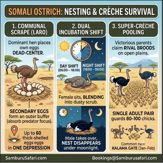 Infographic detailing Somali Ostrich survival strategy: communal nests, day/night incubation shifts, and super-crèches.