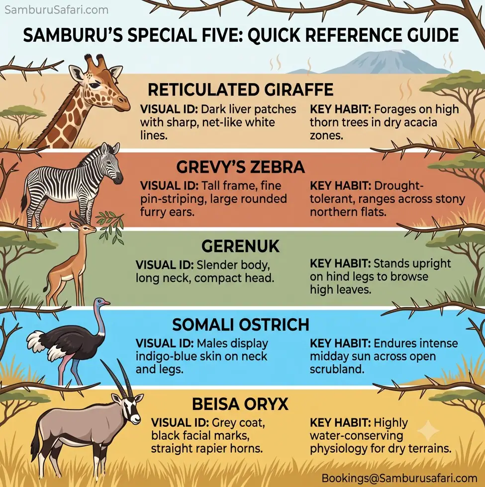Infographic identifying the Samburu Special Five wildlife species in northern Kenya.